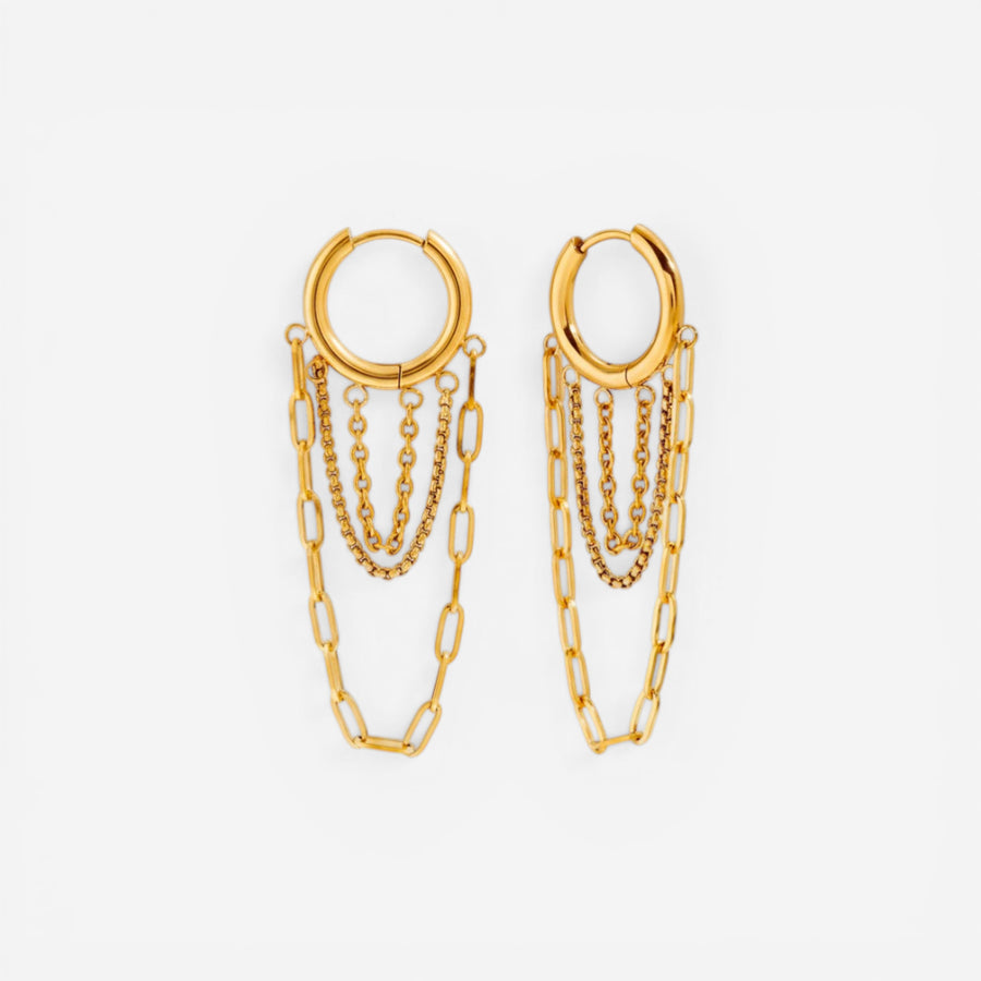 Gold huggie hoop earrings with cascading chain fringe waterproof stainless steel.