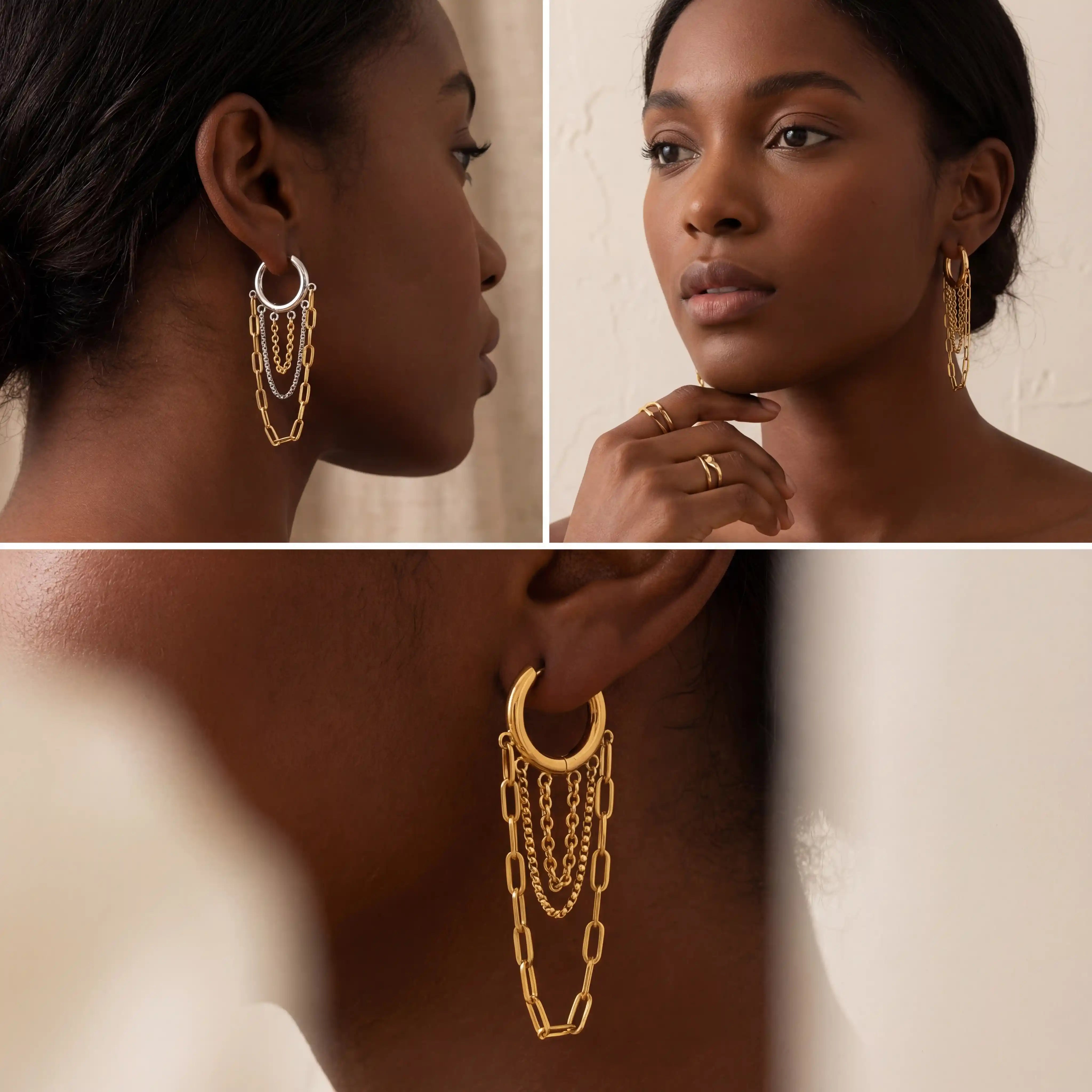 Dark skin model wearing mixed metal chain hoop earrings statement jewelry.