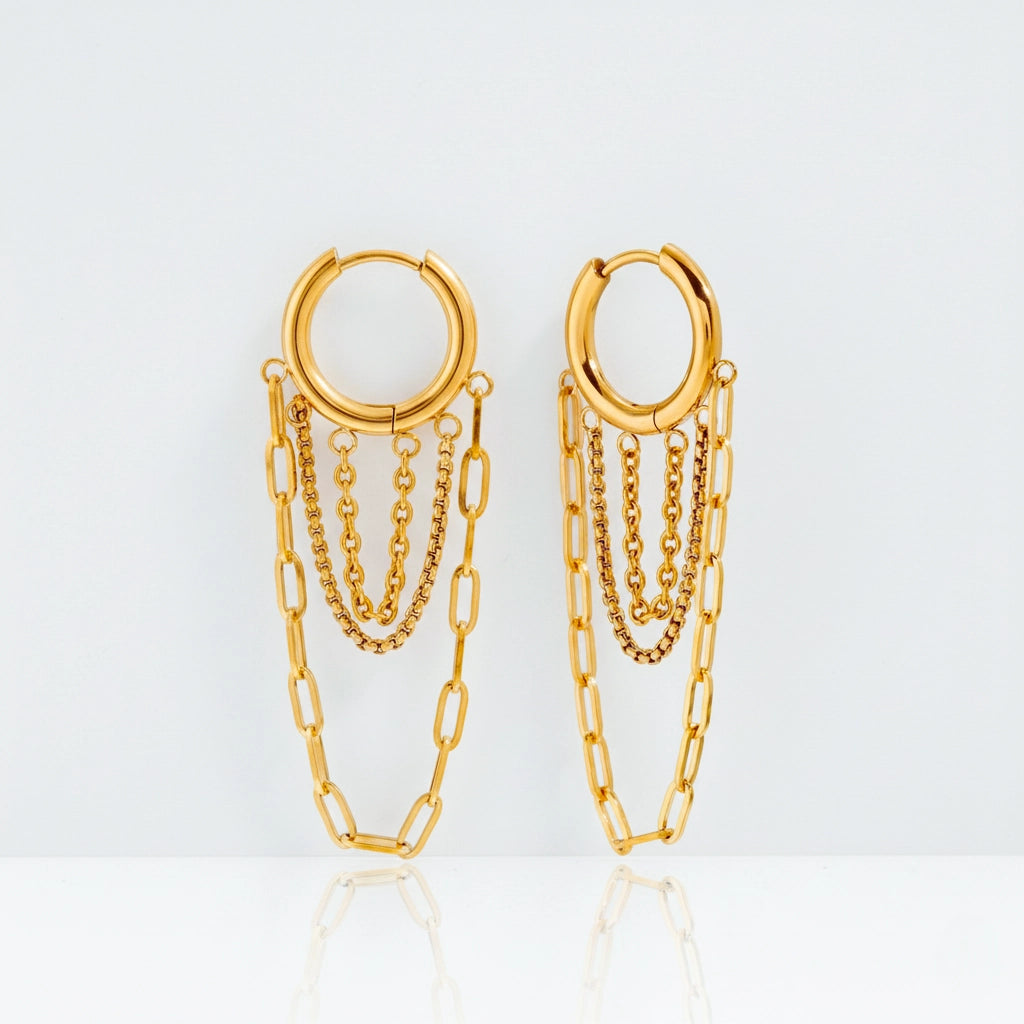Gold huggie hoop earrings with cascading chain fringe waterproof stainless steel.