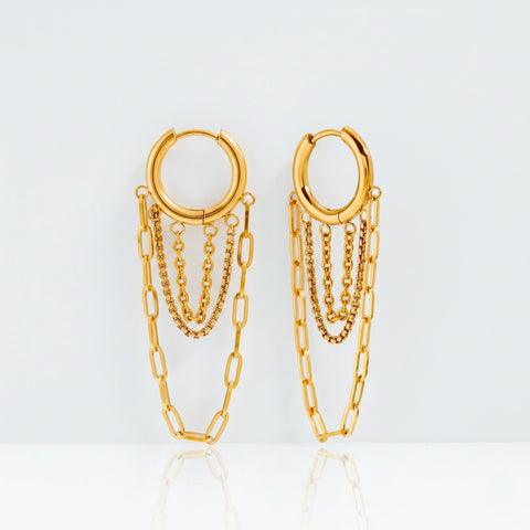 Gold huggie hoop earrings with cascading chain fringe waterproof stainless steel.