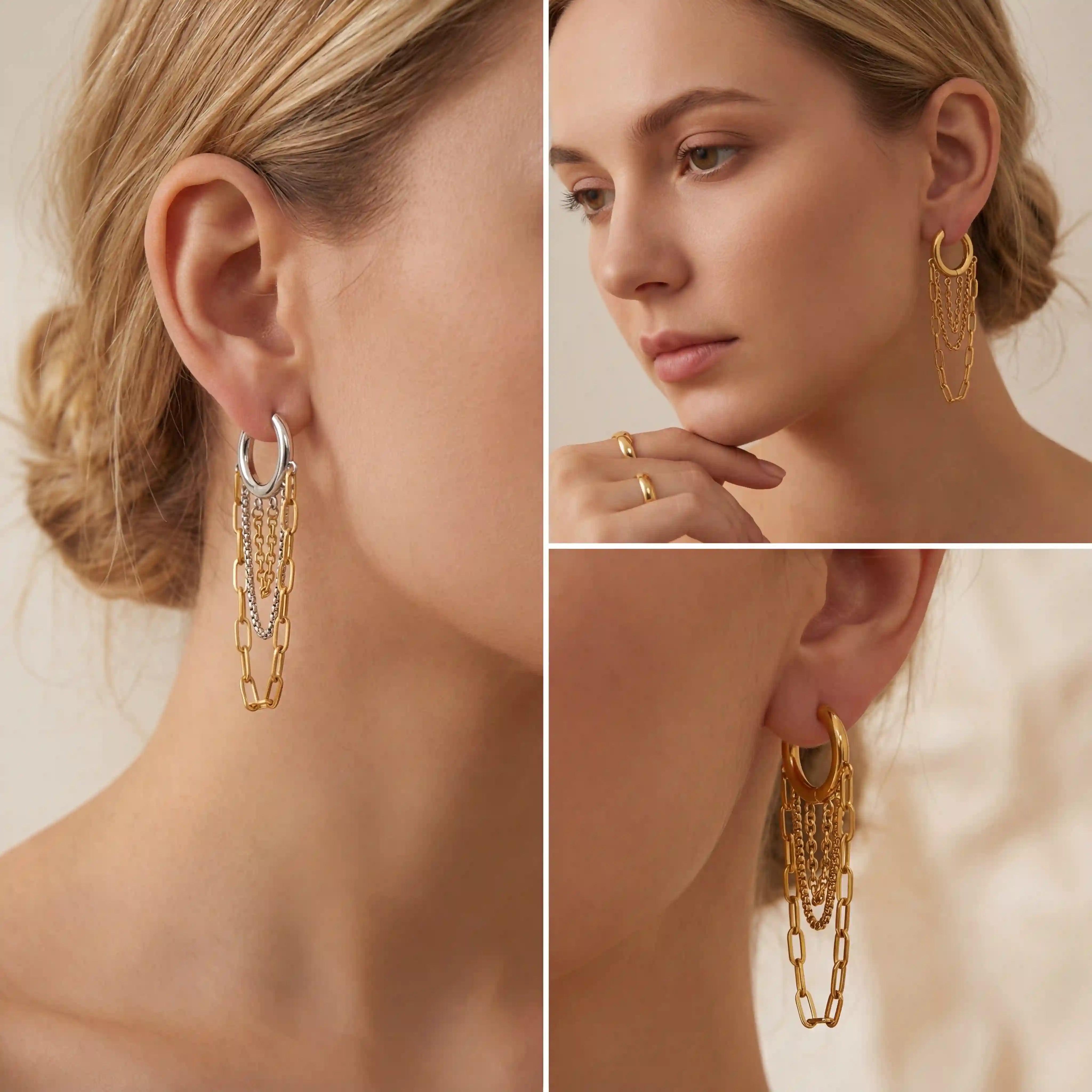 Lifestyle collage of woman styling gold chain drop earrings edgy fashion.