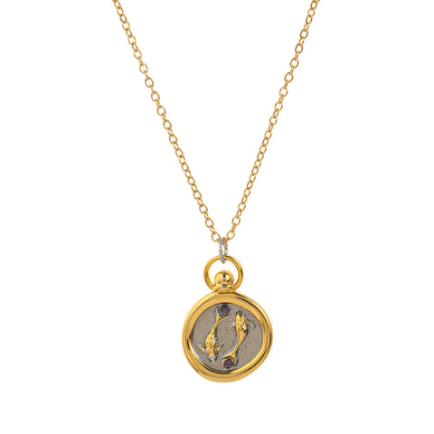 Pisces horoscope coin necklace two tone gold and silver relief design