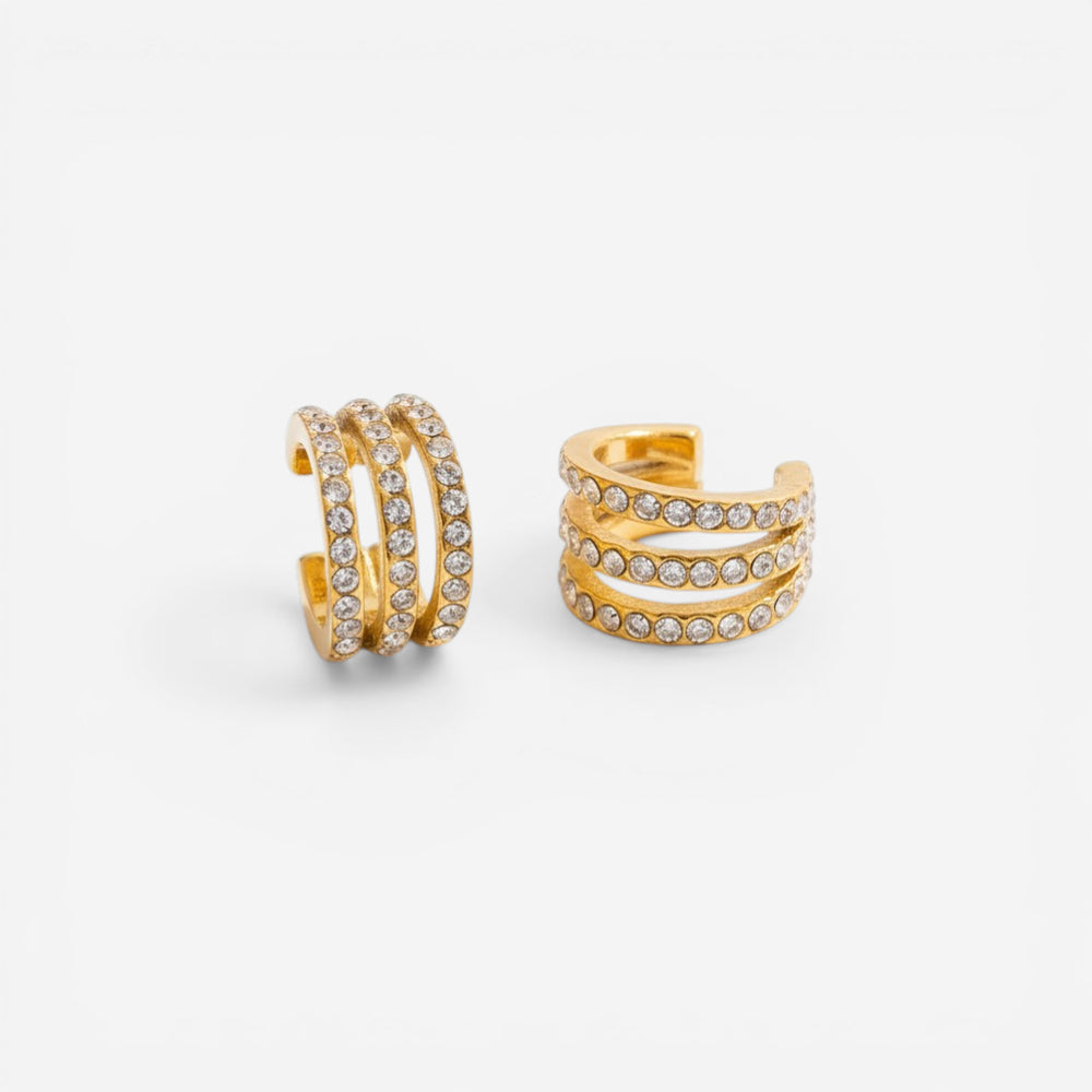 Triple band pave crystal gold ear cuff and double band cuff non-pierced jewelry.
