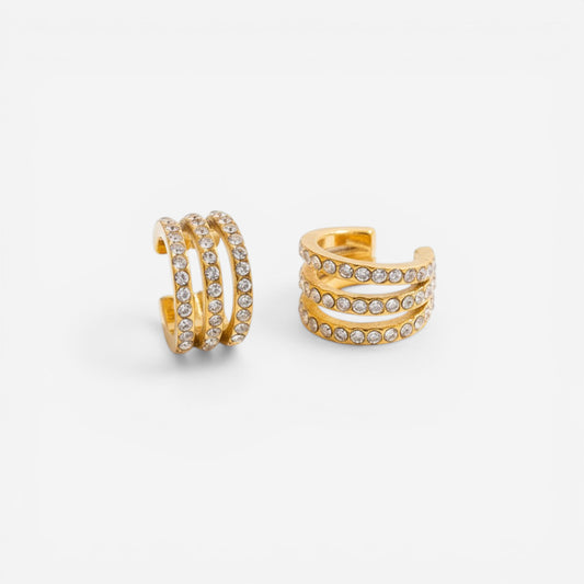 Triple band pave crystal gold ear cuff and double band cuff non-pierced jewelry.
