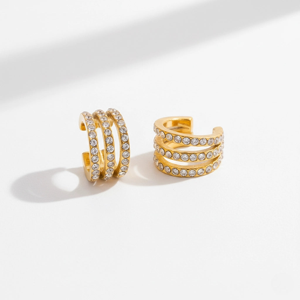 Triple band pave crystal gold ear cuff and double band cuff non-pierced jewelry.