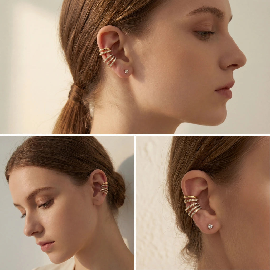 Lifestyle collage of woman styling Pleiades gold ear cuff stack ear party look.