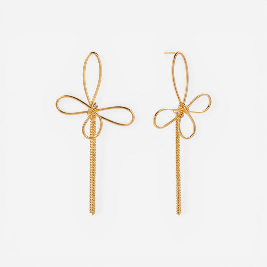 Gold abstract wire butterfly earrings with long fringe chain tassel waterproof stainless steel.