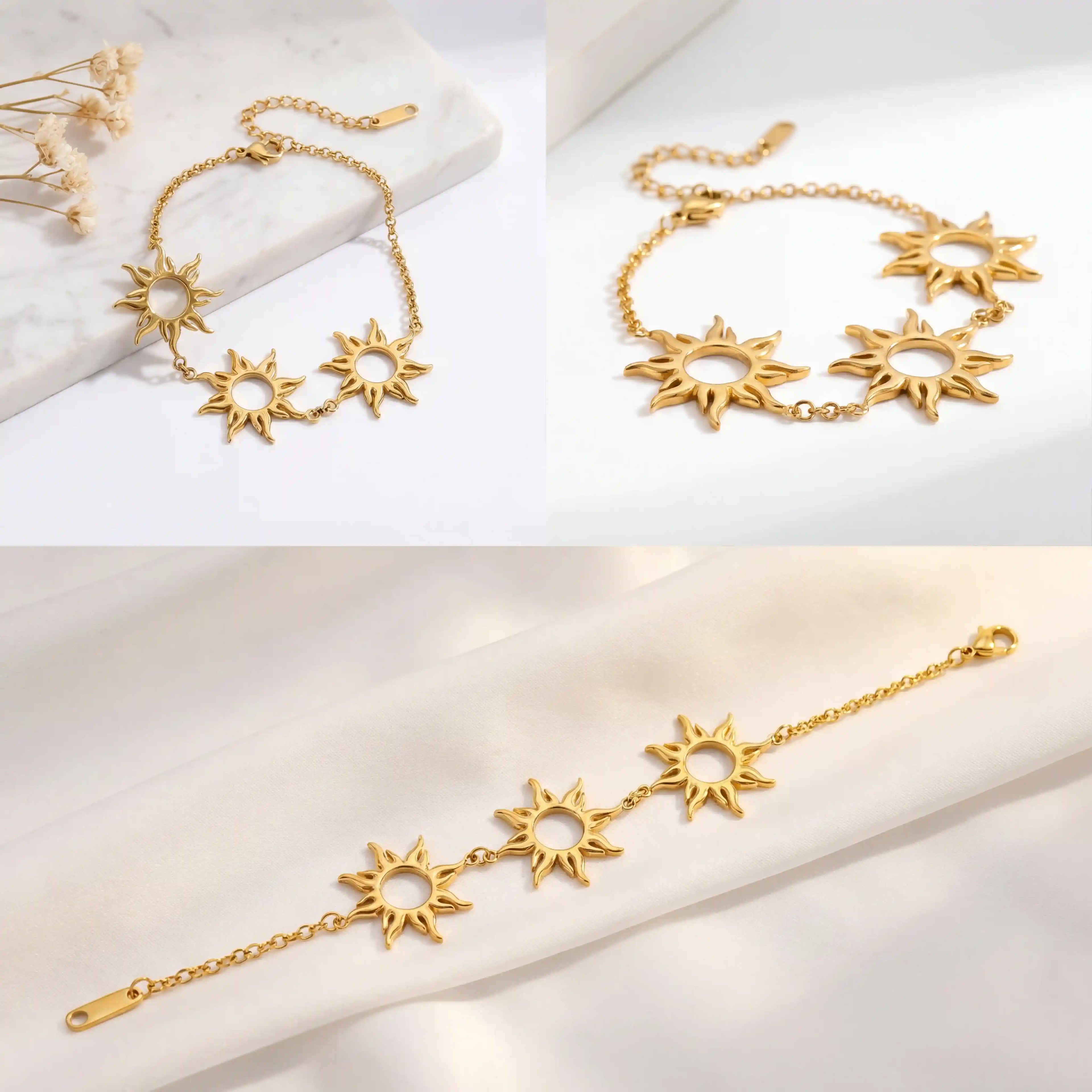 Aesthetic product photography of gold sun charm bracelet .
