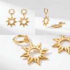 Aesthetic product photography details of gold sun charm earrings on white background.
