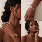 Model with dark skin styling gold sun earrings and matching sun charm bracelet set.