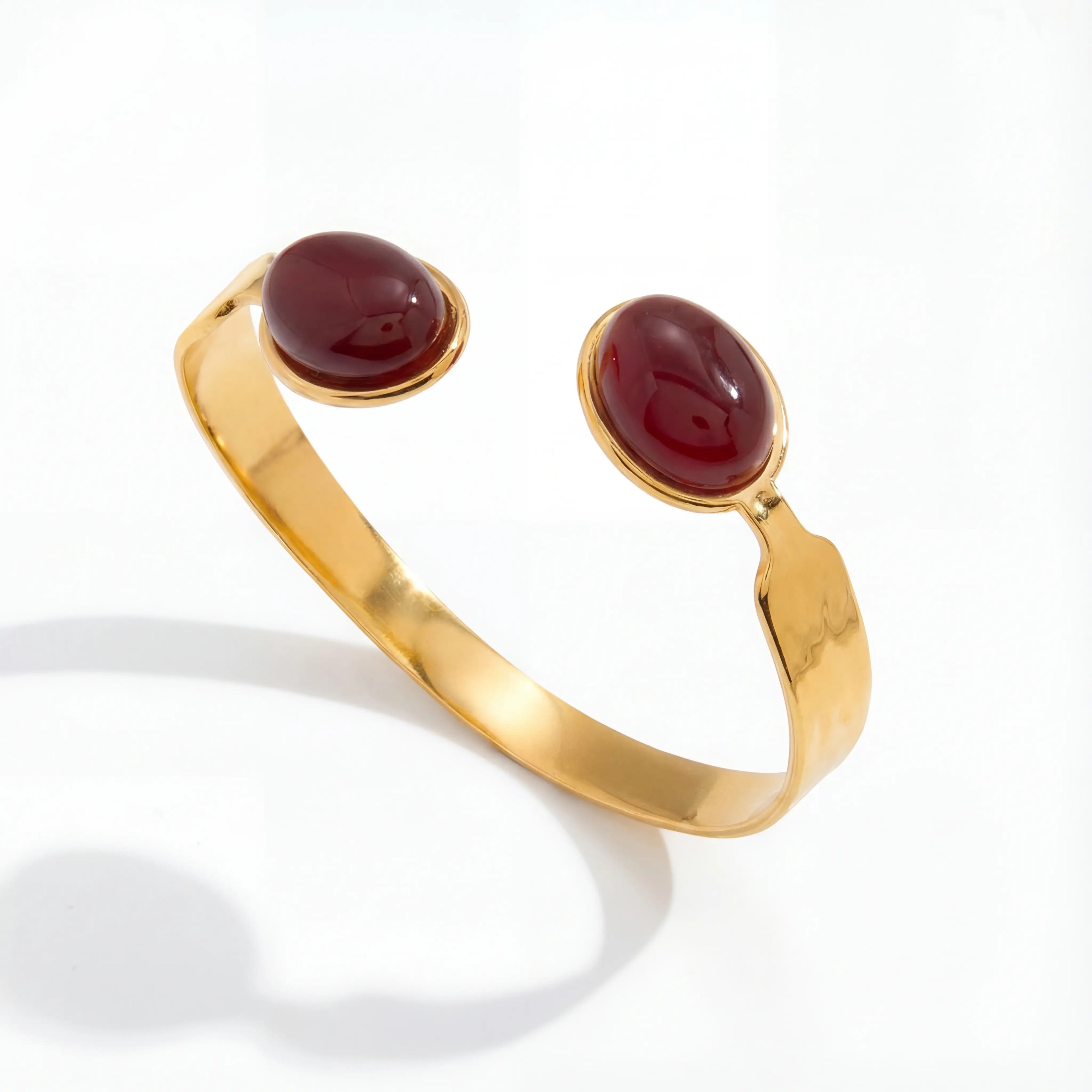 Vintage style red agate open cuff bracelet gold stainless steel waterproof jewelry.