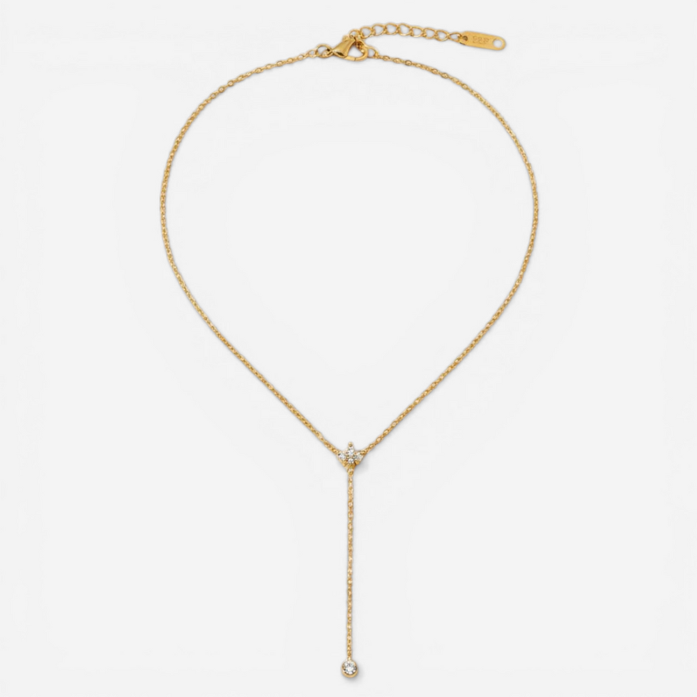 Gold lariat necklace with crystal and pearl drop, waterproof stainless steel chain.