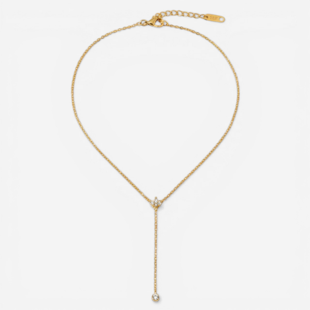 Gold lariat necklace with crystal and pearl drop, waterproof stainless steel chain.
