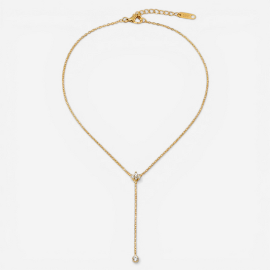 Gold lariat necklace with crystal and pearl drop, waterproof stainless steel chain.