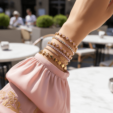 Detail shot showing the alternating pattern of pink baguette-cut crystals and clear round crystals on the gold tennis bracelet.