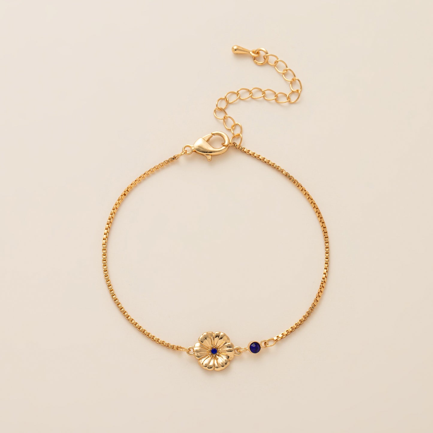 Birth Flower Bracelet | Dainty Gold Box Chain with Birthstone