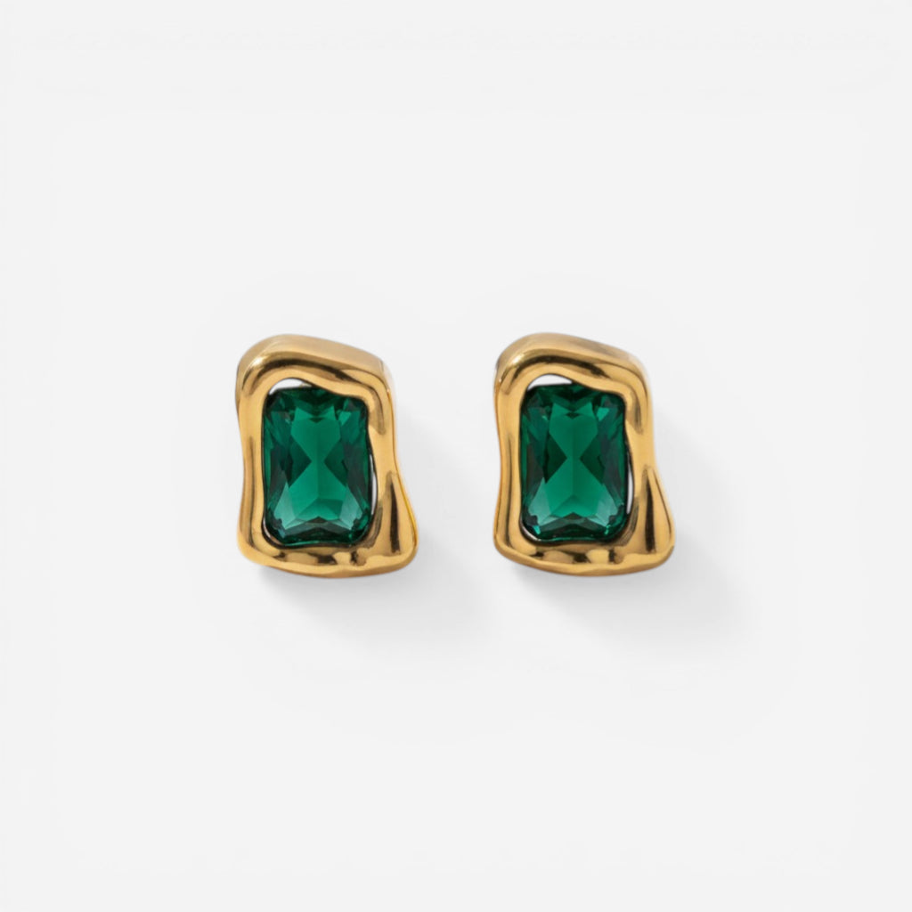 Emerald green gemstone rectangular stud earrings with textured gold setting.