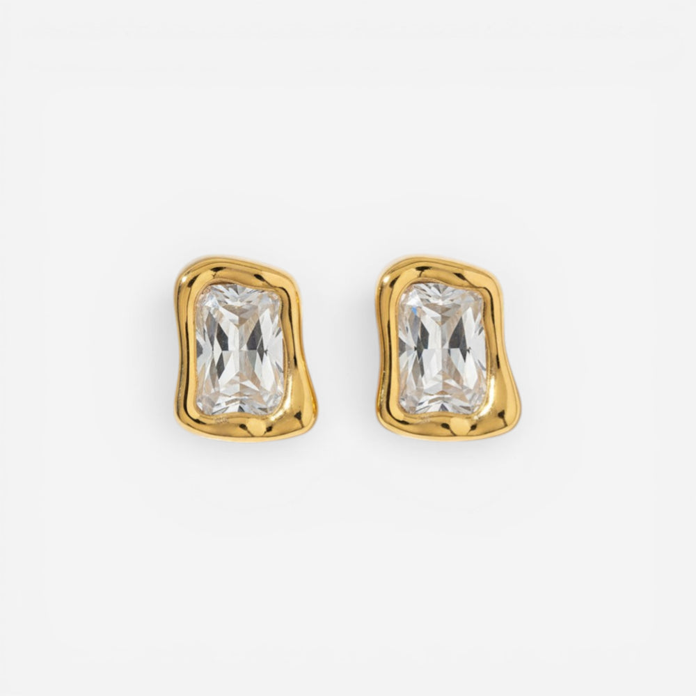 Gold rectangular signet studs with clear white crystal waterproof stainless steel.