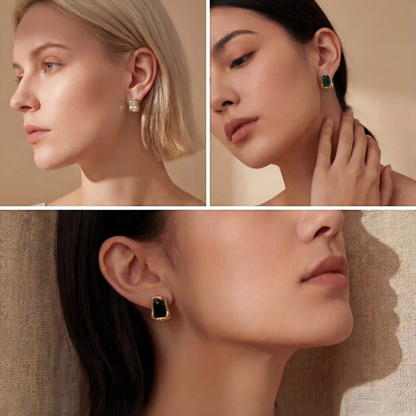 Lifestyle collage of women styling rectangular gold stud earrings in black and clear.