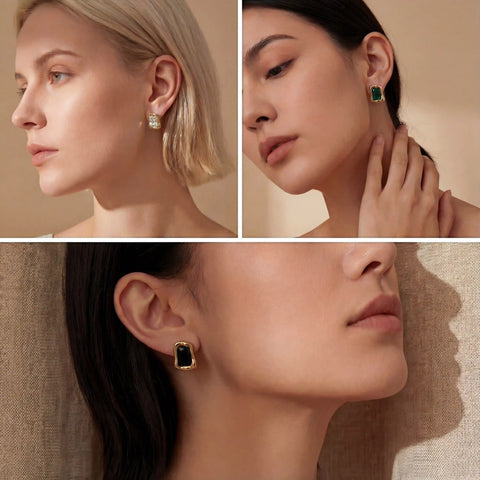 Lifestyle collage of women styling rectangular gold stud earrings in black and clear.