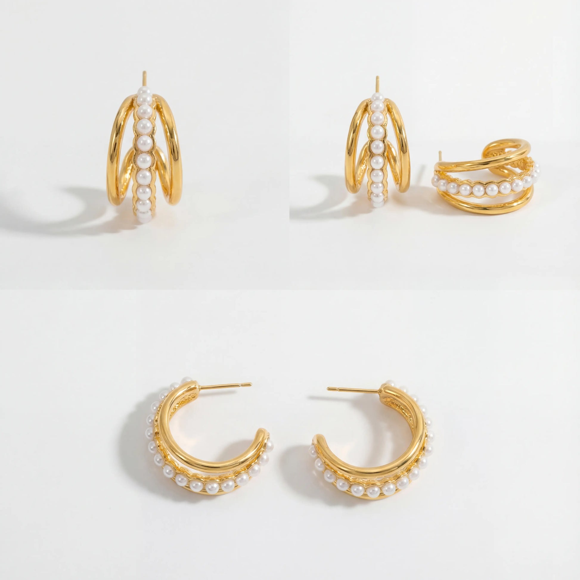 Aesthetic product photography of triple layer pearl hoop earrings details on white background.