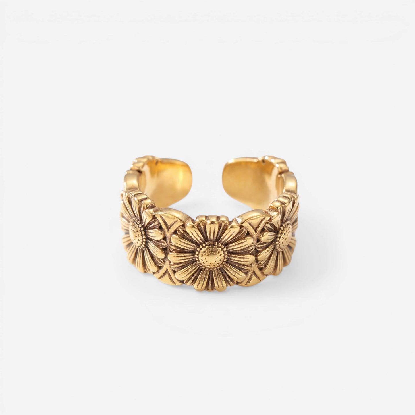 Vintage style gold daisy flower ring wide band adjustable design waterproof stainless steel.