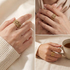 Lifestyle photography collage of woman wearing embossed floral gold ring holding coffee cup.