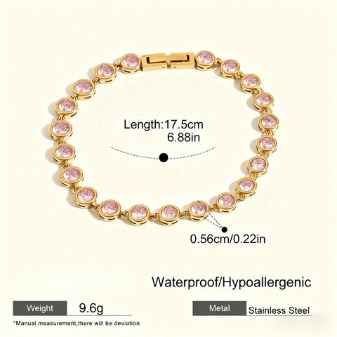 Sweetheart Pink Tennis Bracelet featuring round pink crystals in an 18k gold plated bezel setting, shown on a clean white background.