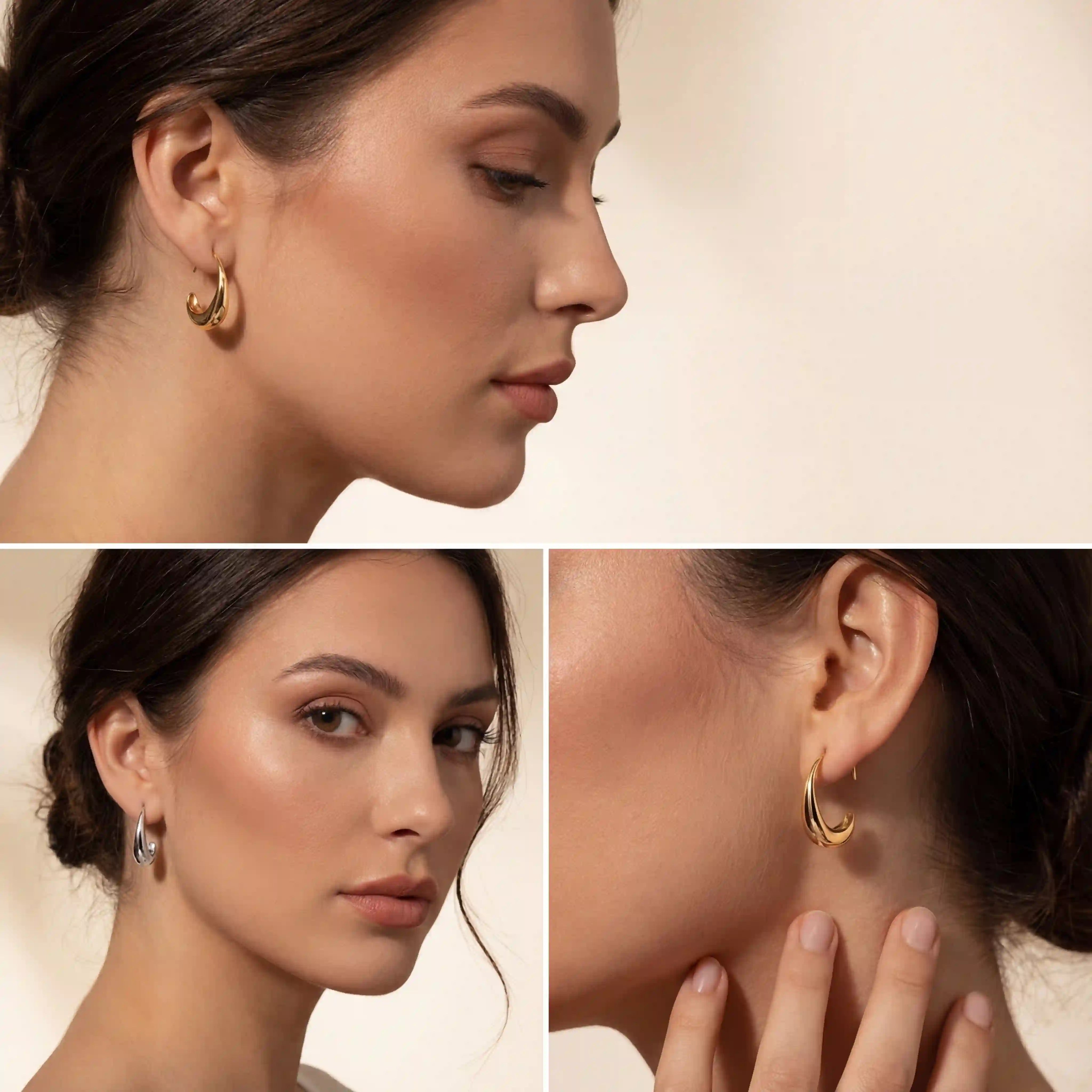 Lifestyle photography of woman wearing gold teardrop earrings clean girl aesthetic.