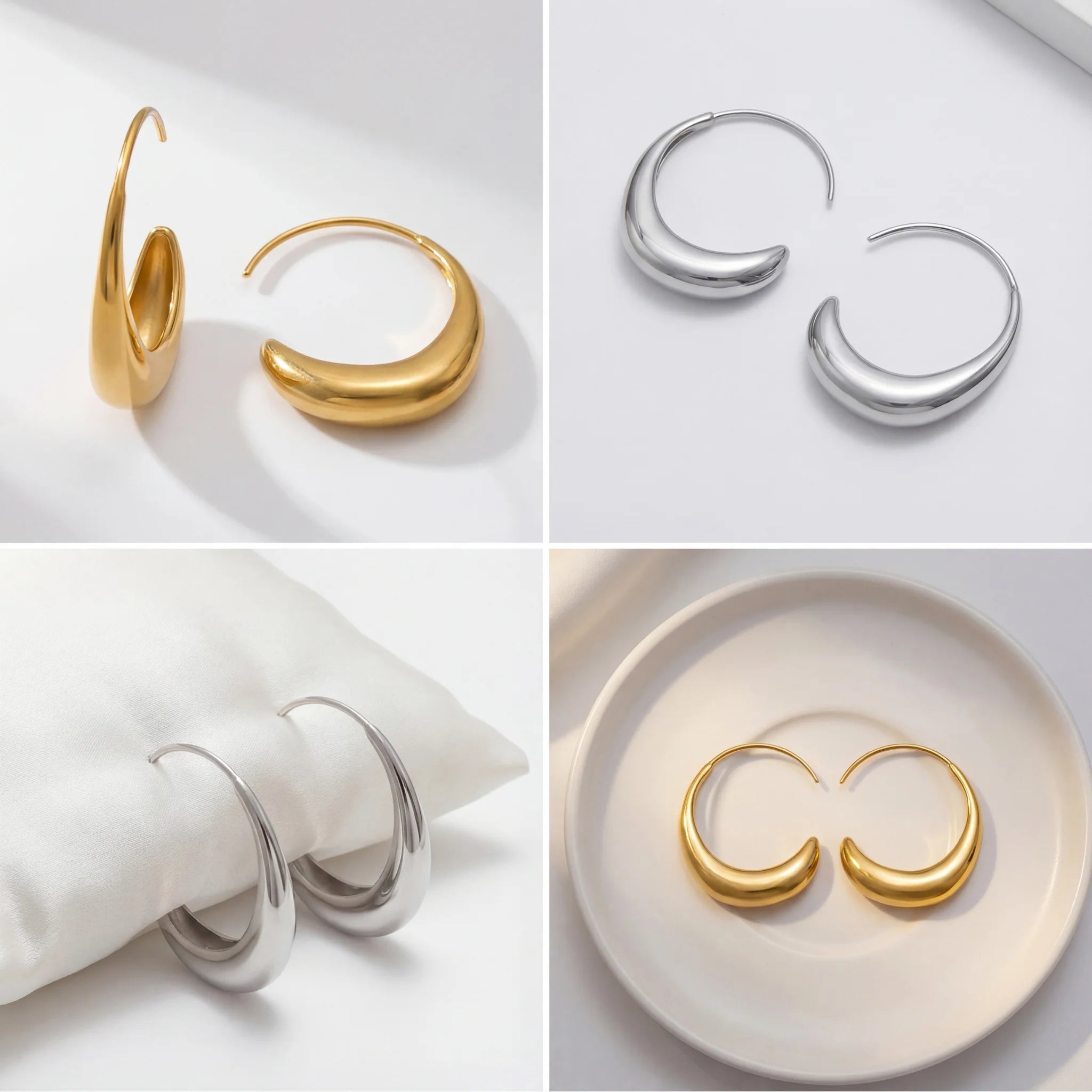 Aesthetic flat lay collage of gold and silver waterdrop earrings on white jewelry pillow.