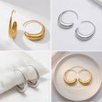 Aesthetic flat lay collage of gold and silver waterdrop earrings on white jewelry pillow.