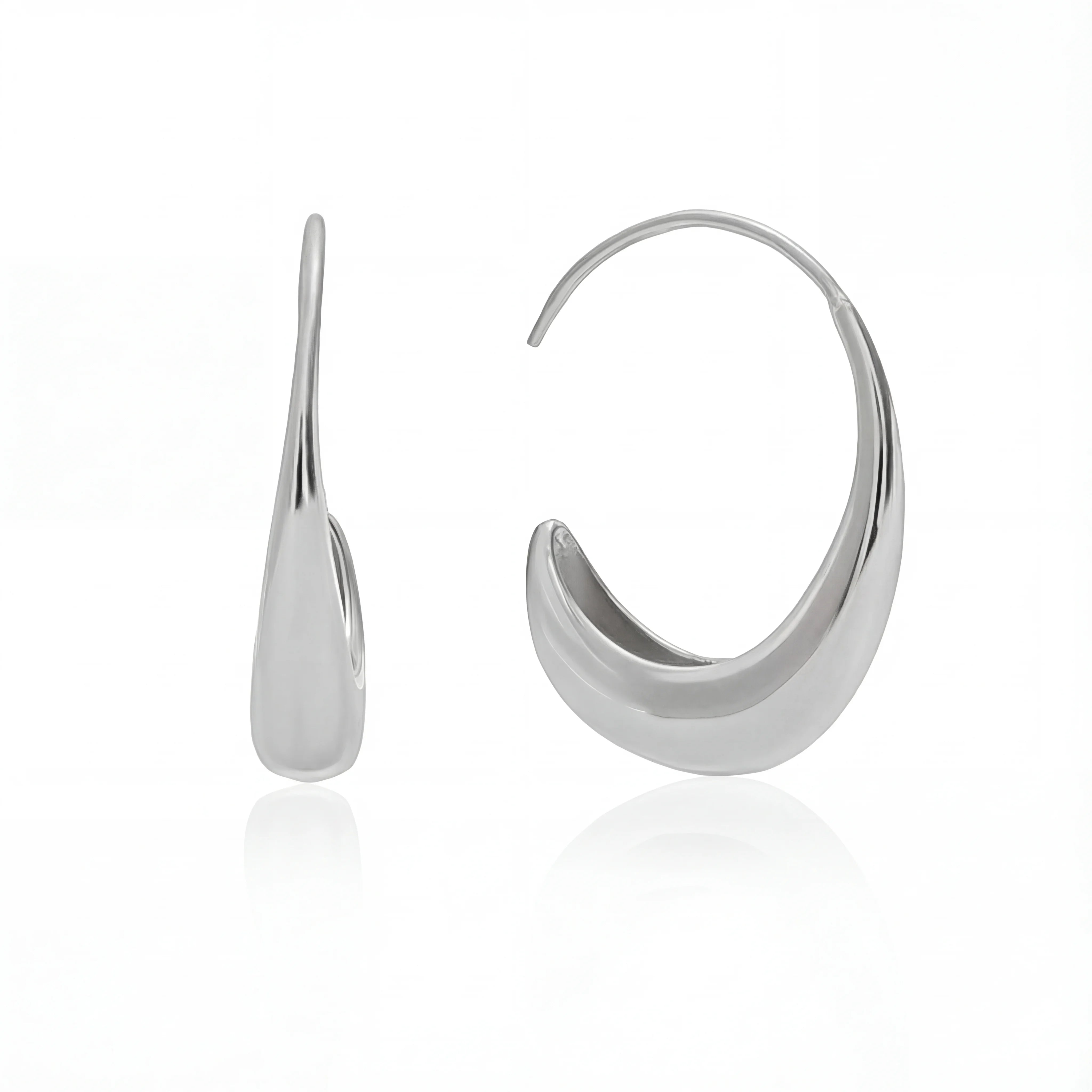 Silver teardrop earrings high polish stainless steel open hoop side view.