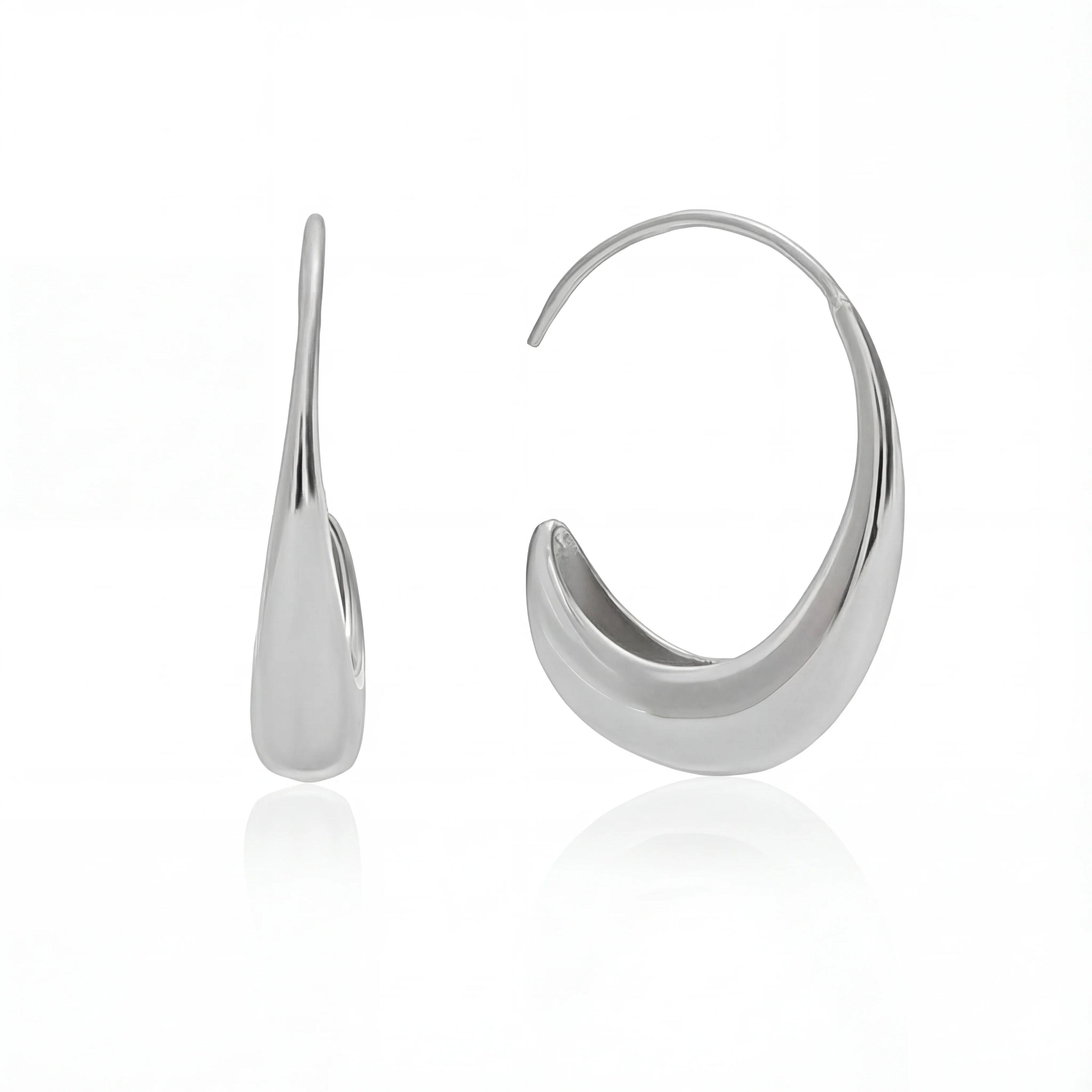 Silver teardrop earrings high polish stainless steel open hoop side view.