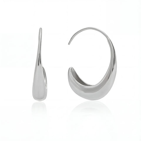 Silver teardrop earrings high polish stainless steel open hoop side view.