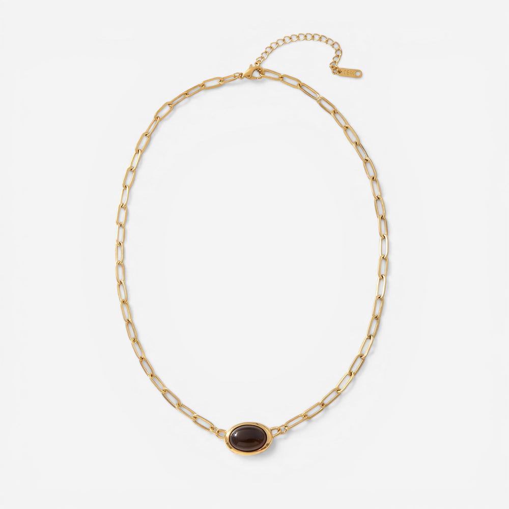 Gold oval link chain necklace with vintage dark stone pendant waterproof stainless steel.