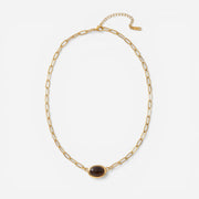 Gold oval link chain necklace with vintage dark stone pendant waterproof stainless steel.