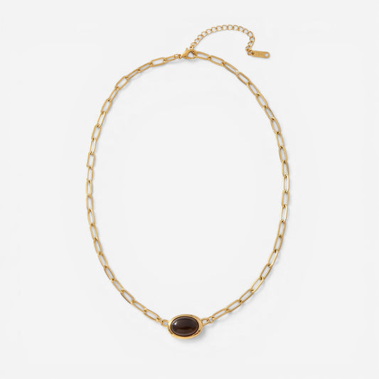 Gold oval link chain necklace with vintage dark stone pendant waterproof stainless steel.