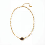 Gold oval link chain necklace with vintage dark stone pendant waterproof stainless steel.