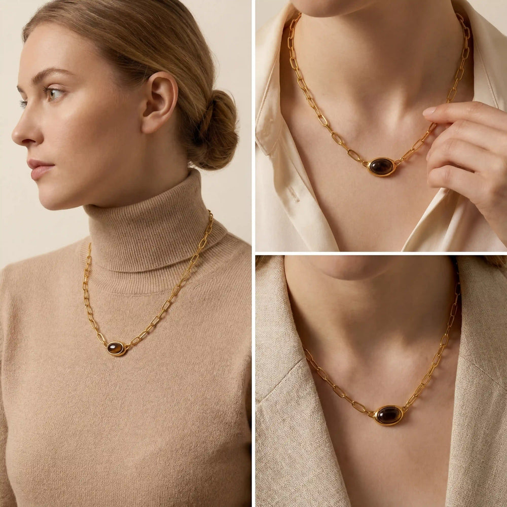 Lifestyle photography collage of blonde woman styling gold Terra necklace with beige turtleneck.