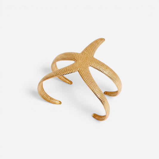 Matte textured gold starfish open cuff bracelet waterproof stainless steel jewelry.
