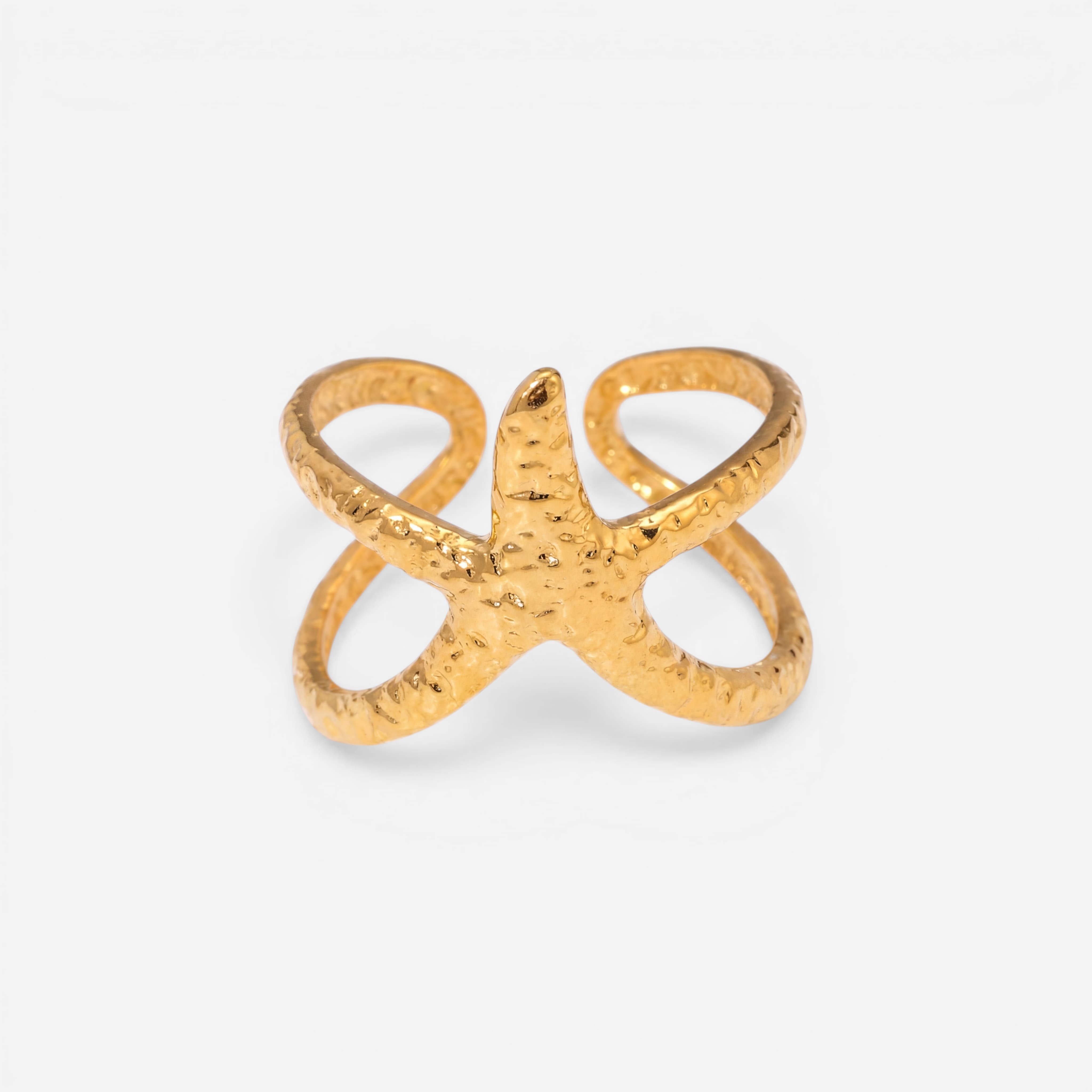 Textured gold starfish ring adjustable wrap band waterproof stainless steel. Main image