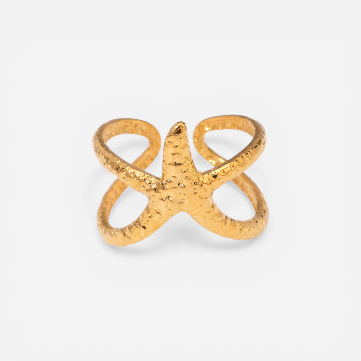 Textured gold starfish ring adjustable wrap band waterproof stainless steel.