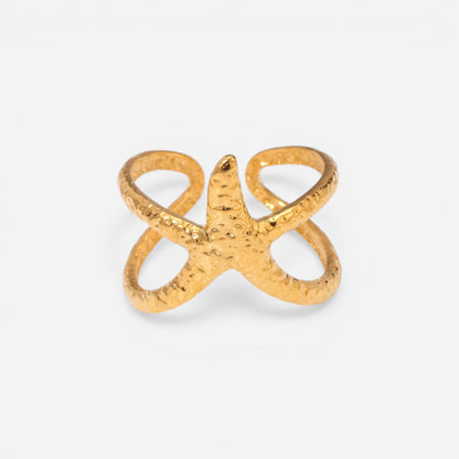 Textured gold starfish ring adjustable wrap band waterproof stainless steel.