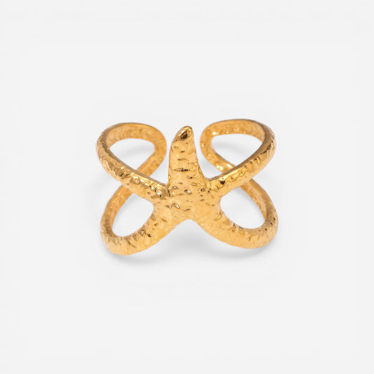 Textured gold starfish ring adjustable wrap band waterproof stainless steel.