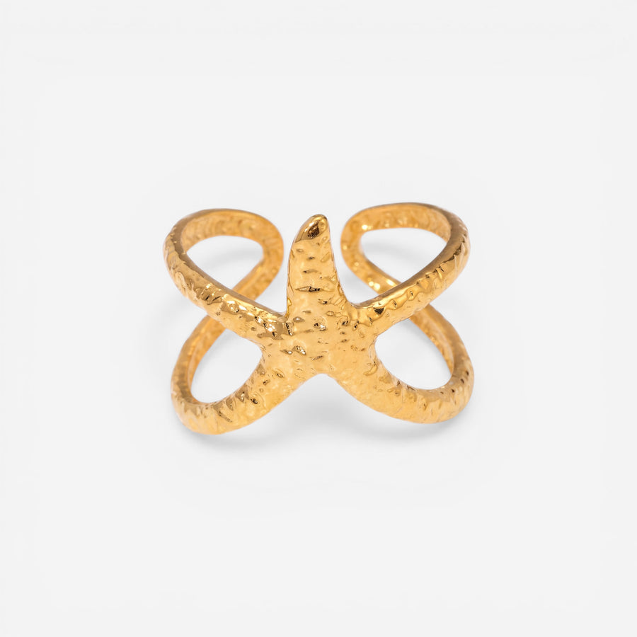 Textured gold starfish ring adjustable wrap band waterproof stainless steel.