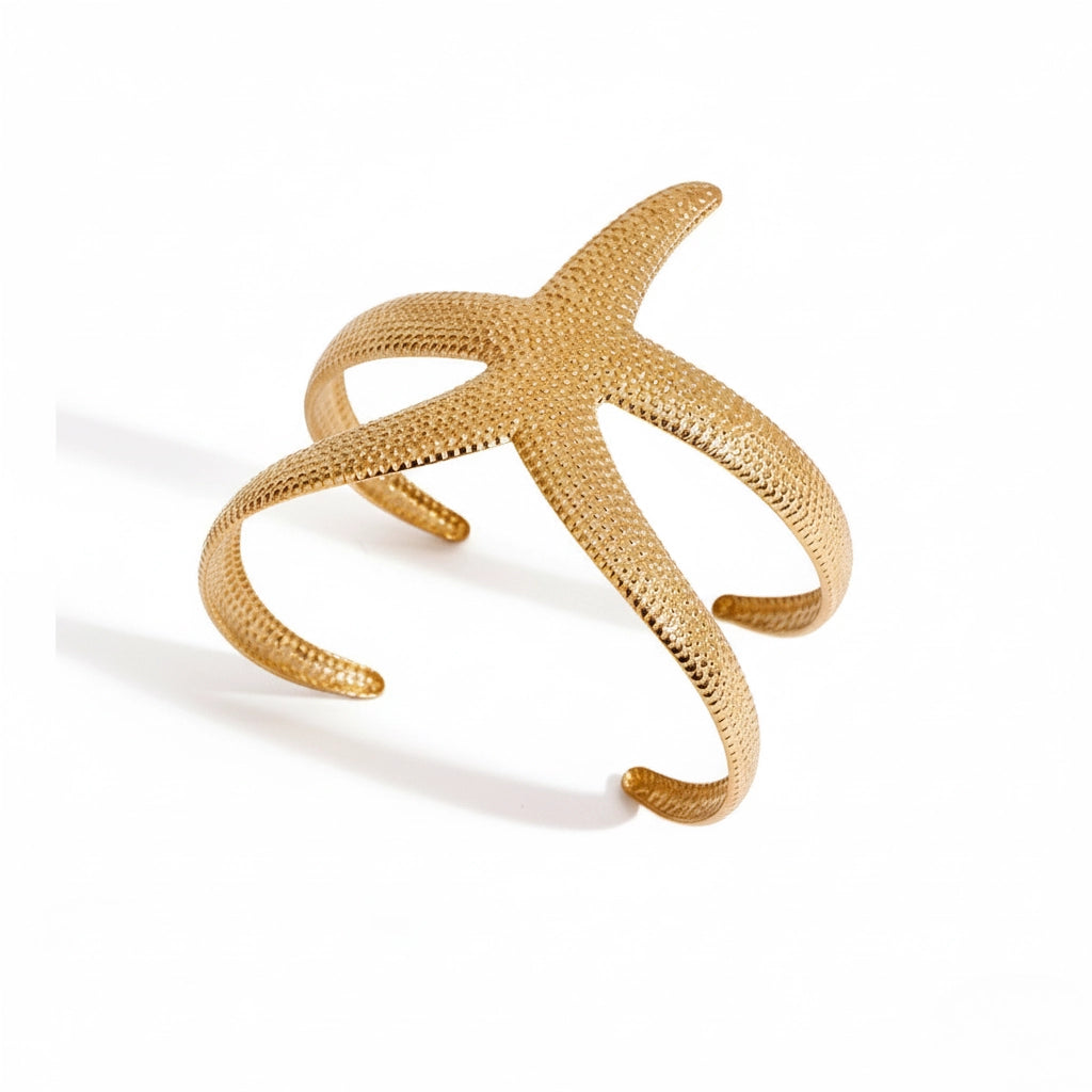 Matte textured gold starfish open cuff bracelet waterproof stainless steel jewelry.