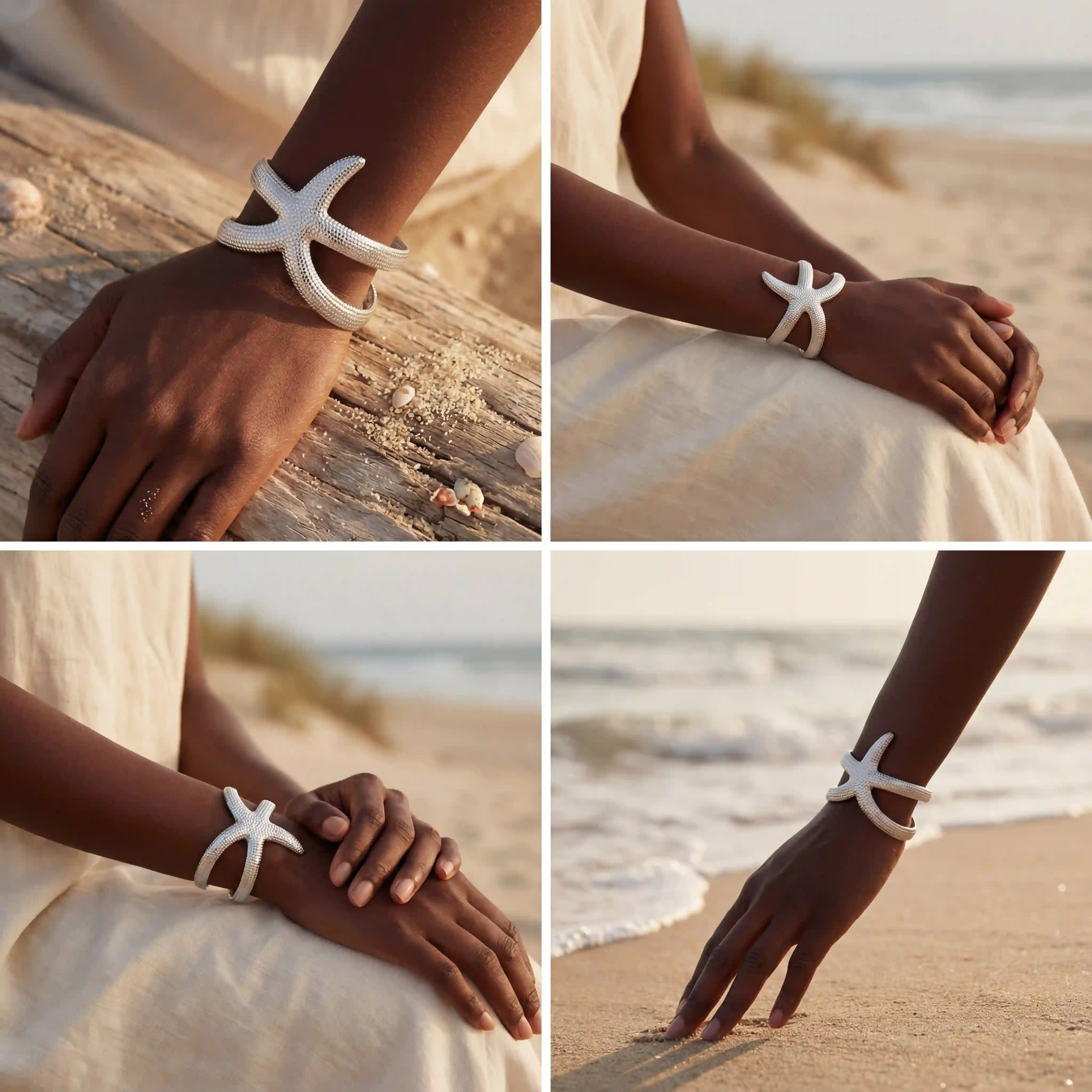 Dark skin model styling silver starfish open bangle beach fashion photography.