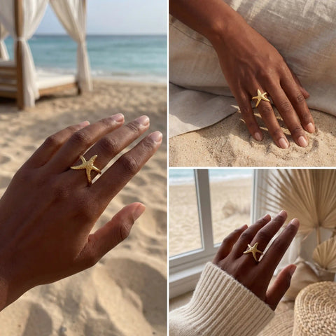 Model with dark skin styling dainty gold starfish ring mermaidcore aesthetic.