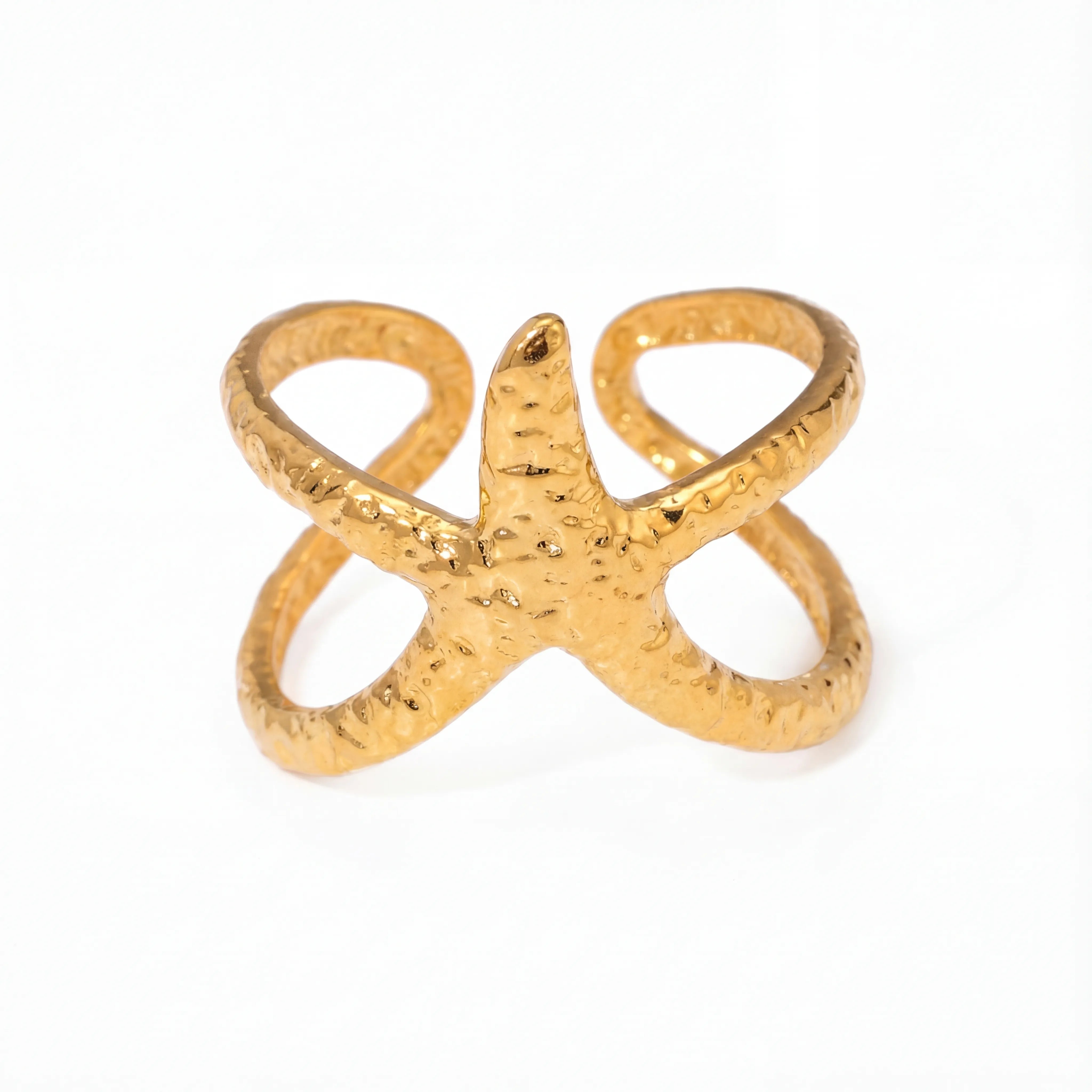 Textured gold starfish ring adjustable wrap band waterproof stainless steel.