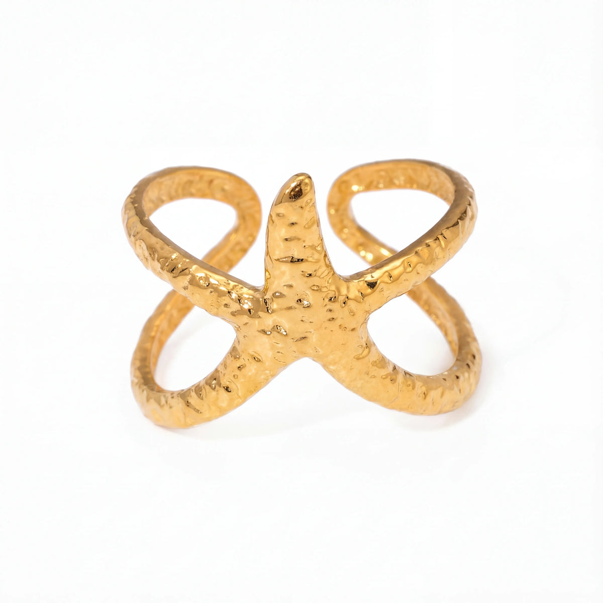 Textured gold starfish ring adjustable wrap band waterproof stainless steel.